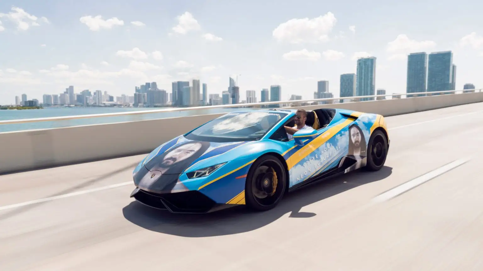 liram sustiel driving custom wrapped lamborghini huracan spyder rental for steve aoki mph club