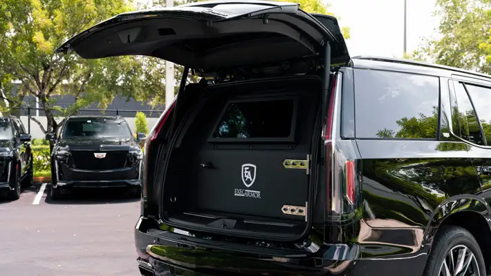Bulletproof Cadillac Escalade for rent armored door view mph club