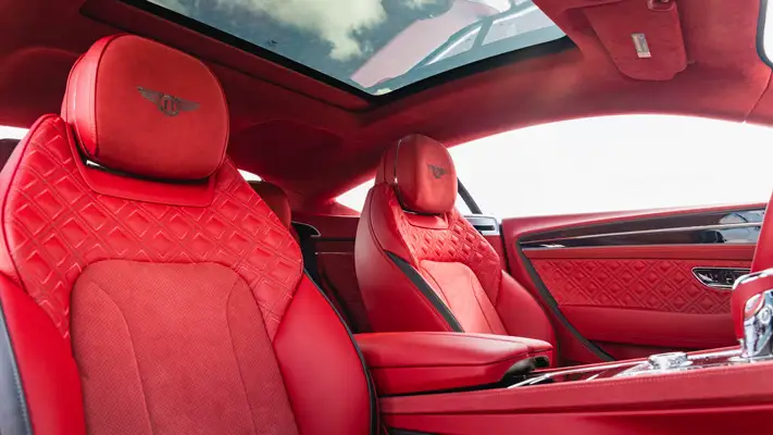 White on red Bentley GT rental Miami interior view mph club