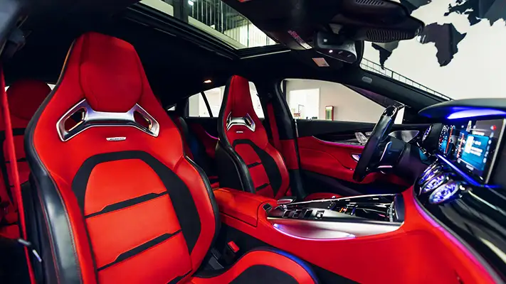 Grey on red Mercedes Benz GT 63 rental interior view mph club