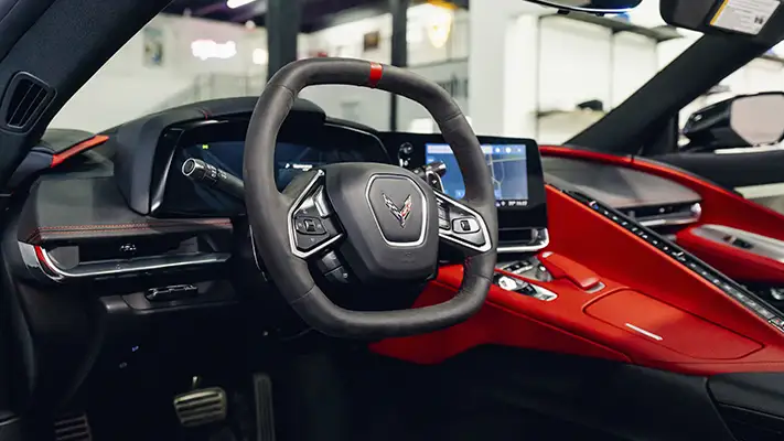 White Chevrolet Corvette C8 rental dashboard view turntable - mph club