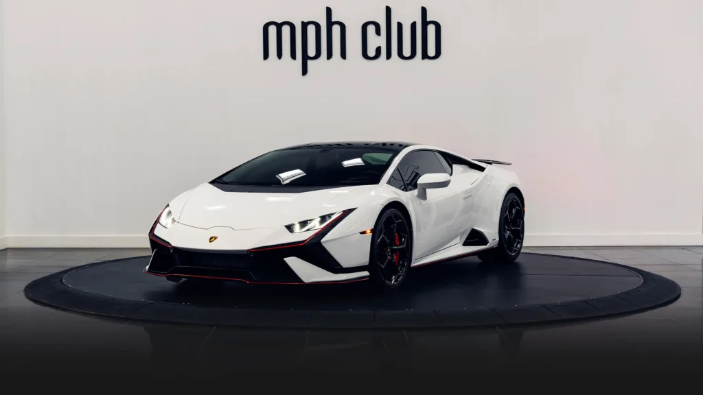White Lamborghini Huracan Tecnica rental Miami profile view - mph club